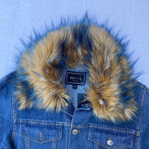 New GUESS Women's Faux-Fur Denim Jacket SZ S - Picture 3 of 7